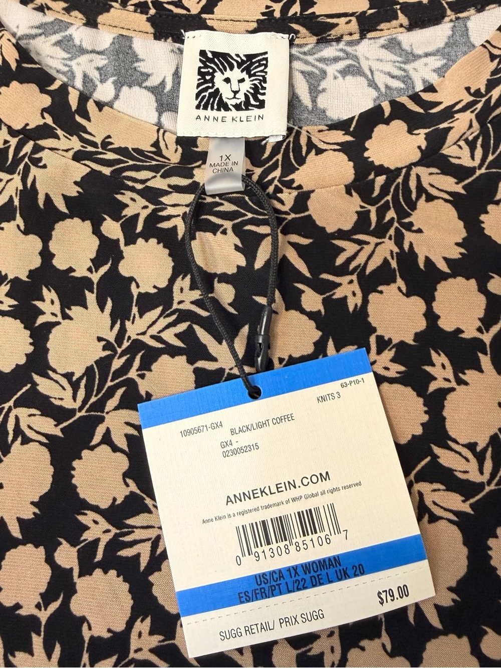 NWT Anne Klein Floral Puff Sleeve Knit Top Women’s Plus 1X Black Tan Career